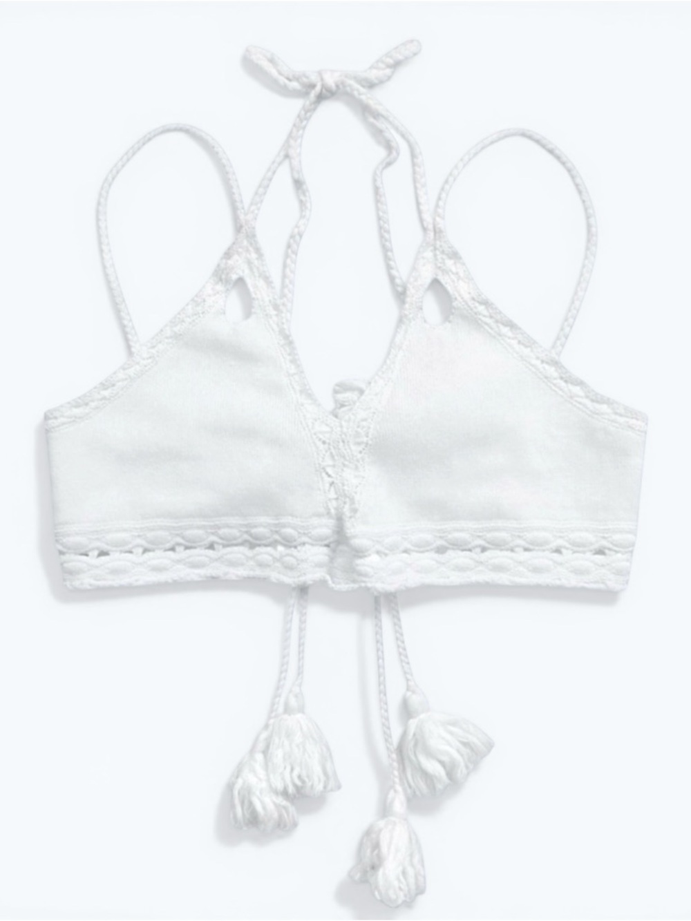Alexis Buras Crochet Halter Bralette Top White Open Back Tassel Size L
